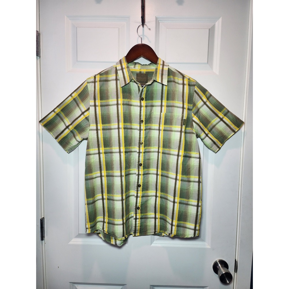 Prana Mens Small Short Sleeve Button Down Shirt Green Yellow Plaid Hiking Casual